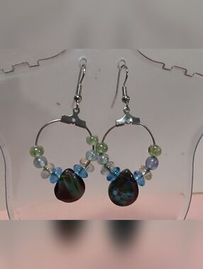 Hand crafted Multicolor Glass Bead Hoop Earrings - Green/Blue